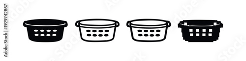 Laundry Basket Icons - Set of Four Minimalist Black and White Vector Symbols for Washing and Storage