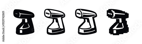 Isometric Handheld Garment Steamer Icons - Four Stylized Black and White Vector Symbols for Fabric Wrinkle Removal