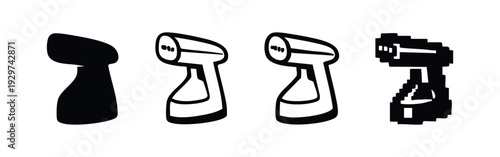 Handheld Garment Steamer Icons - Set of Four Minimalist Black and White Vector Symbols for Clothing Care