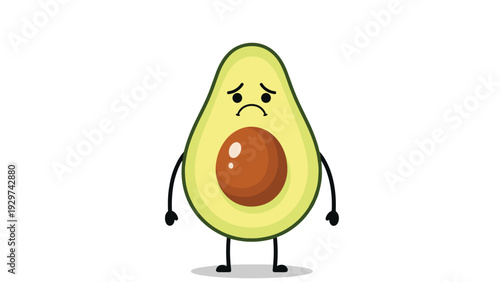 Sad avocado character with a large brown pit looks unhappy and disappointed in this simple fruit mascot illustration on white.
