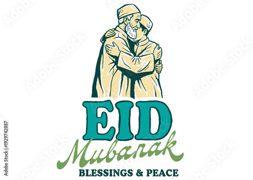 Eid Mubarak vector illustration. Muslim men embrace. Islamic festival greetings. Blessings and peace concept. Cultural celebration artwork.