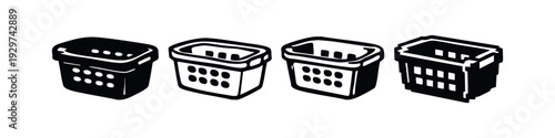 Isometric Laundry Basket Icons - Four Stylized Black and White Vector Symbols for Clothes Storage and Washing