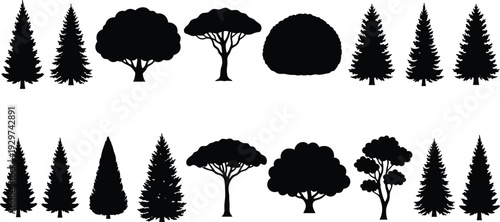 Forest tree silhouettes mega set with pine spruce oak and deciduous trees collection, black vector icons for nature landscape environment and outdoor park design