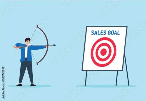 Flat illustration of confident businessman aiming bow and arrow at bullseye target labeled sales goal on whiteboard.