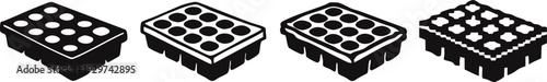 Isometric Seedling Tray Icons with Young Plants - Four Stylized Black and White Vector Symbols for Plant Cultivation