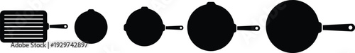 Frying pan and grill pan silhouettes set, top view kitchen cookware collection, black vector icons of different sizes for cooking menu and restaurant branding