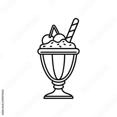 Black line drawing of ice cream sundae in a dish with straw  no background