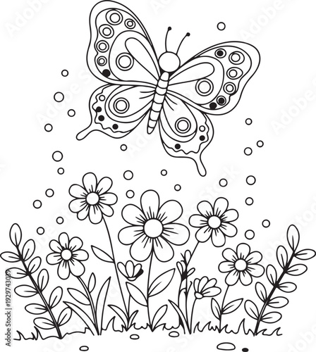 Black and white illustration of a butterfly on a flower bush in a peaceful natural setting with clear details