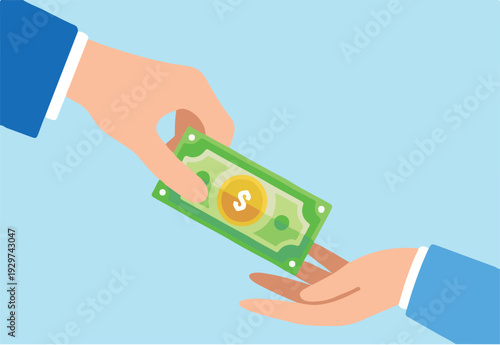 Flat illustration of businessman hand money banknote to friend symbolizing borrowing or lending.