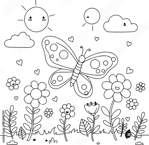 Father and son enjoying a picnic in a beautiful field of flowers on a sunny day with birds flying overhead happily