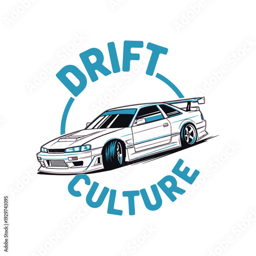 Drift culture car logo with a white sports car and blue text tshirt design