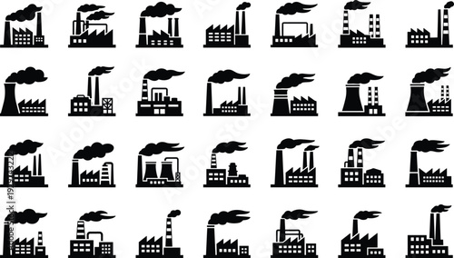 Industrial factory and manufacturing plant silhouettes mega set, power station and warehouse building icons, black vector elements for global industry and production engineering design