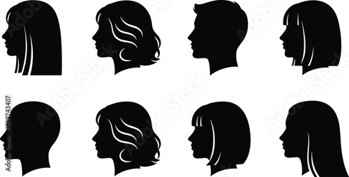 Male and female head profile silhouettes set with different hairstyles, black vector face icons for barber shop beauty salon identity and human character design