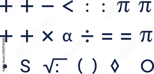 Mathematical symbols and science icons vector set, black algebra and geometry signs collection, education and calculation elements for school and academic study design