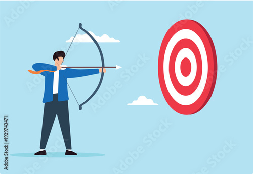Flat illustration of businessman aim with archery bow to hit target ambition and goal achievement.