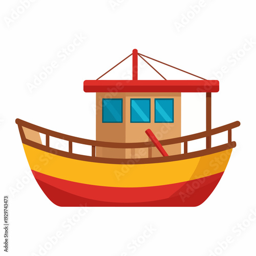 Cheerful Cartoon Boat Illustration Featuring Red Bottom, Yellow Midsection, Brown Top, Blue Window Cabin, Red Roof, Red Oar, Railing Seen from Side Perspective in Bright Flat Design