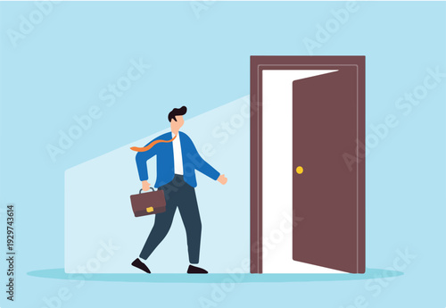  Flat illustration of businessman leaves through open door symbolizing career transition to new opportunity.