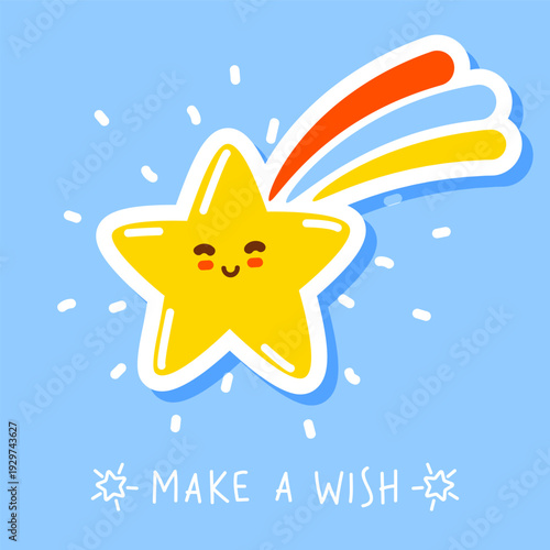Cute сartoon shiny twinkle star with rainbow - funny sticker character for Your kawaii happy kids design