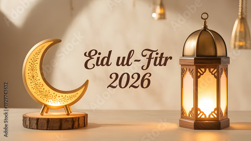 Eid ul fitr 2026 celebration with lantern and crescent moon decoration