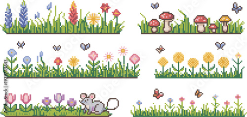 Pixel art spring garden borders set, retro 8 bit flowers grass mushrooms butterflies and cute mouse illustration