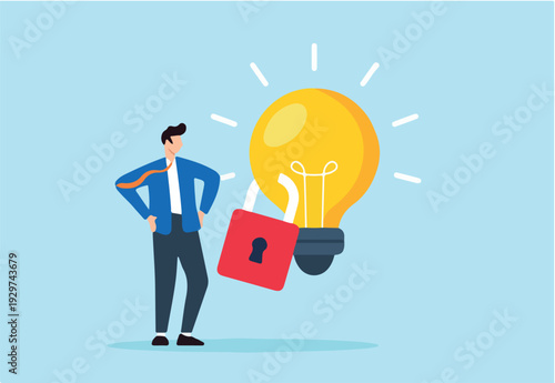 Flat illustration of businessman stand beside locked bright lightbulb symbolizing intellectual property protection.