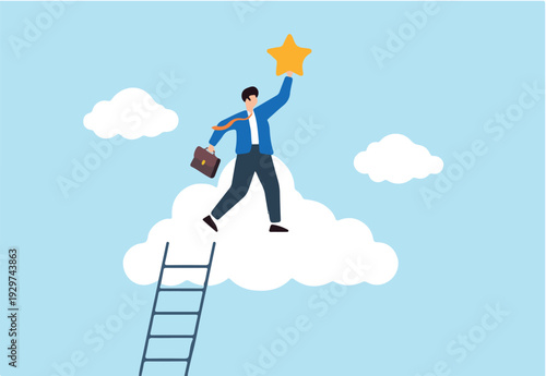 Flat illustration of successful businessman stand on clouds to reach precious star with ladder career victory business champion dream job.