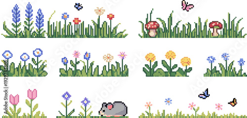 Pixel art spring garden borders collection, retro 8 bit flowers mushrooms butterflies grass and cute mole illustration