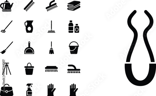 Professional cleaning equipment silhouettes mega set, household janitorial tools collection with brush bucket spray gloves and kettle, black vector icons for service branding design
