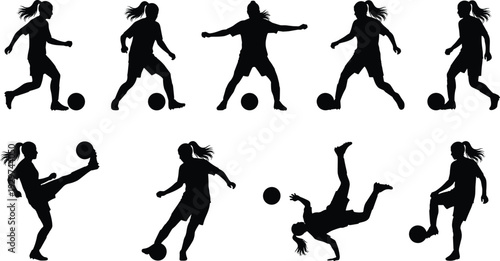 Professional female soccer players silhouettes set with various actions like kicking dribbling and jumping, black vector icons for women football sports and athletic training design