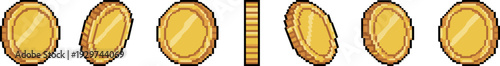 Pixel art gold coin animation frames, retro 8 bit rotating game currency sprite sheet illustration