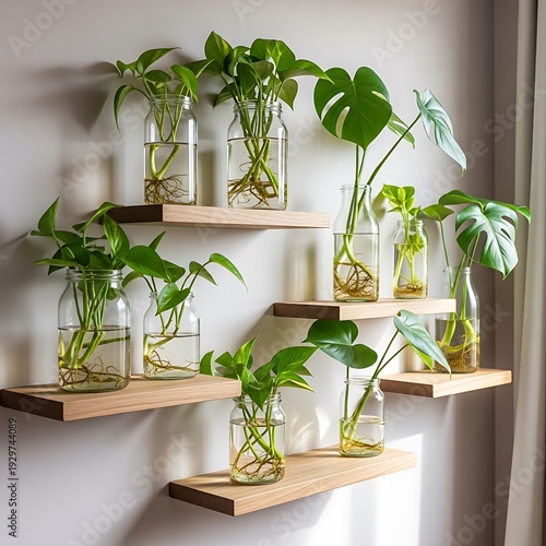 Collection of various green houseplants propagating in glass jars on wooden floating shelves mounted on white wall creating vertical indoor garden display