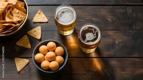 A wooden table with beer and snacks