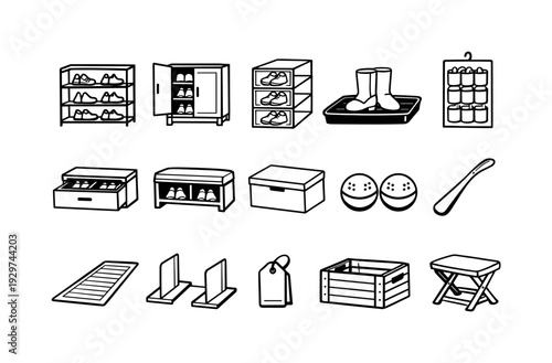 Home shoe storage solutions: linear style shoe rack, shoe cabinet, stackable box, boot tray, hanging organizer, shoe drawer, bench seat, storage bin, deodorizer