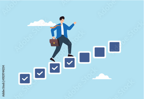 Flat illustration of businessman step on checkbox checklist progressing from start to success in completing task