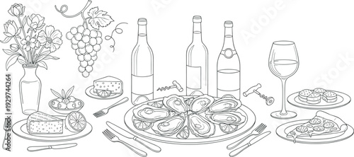 Elegant black and white vector illustration of gourmet dining table with oysters, wine bottles, cheese, cake, olives, pizza, and decorative elements, ideal for culinary design projects.