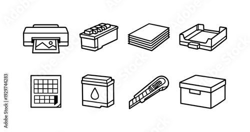 Photo printing equipment: linear style photo printer, ink cartridge, photo paper stack, paper tray, calibration sheet, cleaning cartridge, cutter blade, storage