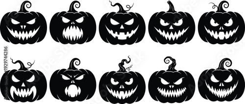 Scary Halloween pumpkin silhouettes set with spooky carved faces, evil jack o lantern icons for autumn holiday celebration and creepy horror party decorative design