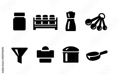 Home spice storage items: spice jar, spice rack, grinder bottle, measuring spoon, funnel, label clip, storage tin, scoop spoon