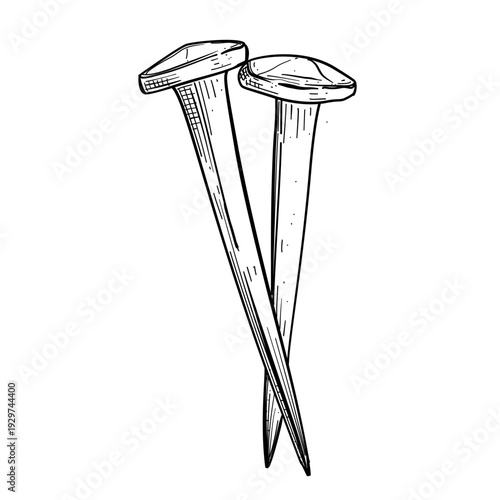 crossed iron nails hardware vector line art hand drawn illustration