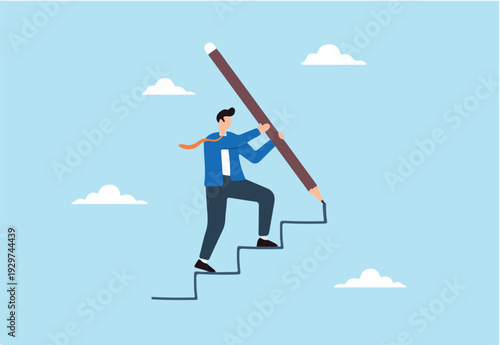 : Flat illustration of businessman use pencil to draw stair symbolizing building career path to achieve success.
