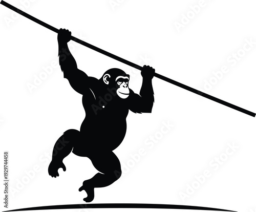 Strong chimpanzee silhouette vector illustration hanging on a branch or wooden pole, powerful monkey primate icon for wildlife nature zoo and jungle animal branding