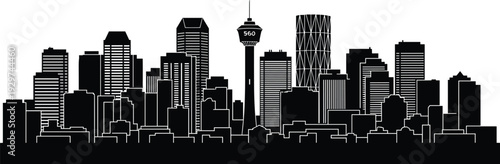 Black and white city skyline with tall buildings and a tower in the center