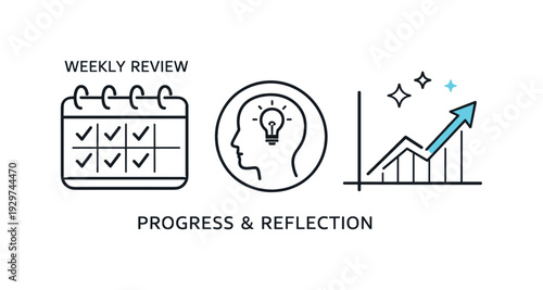 Structured weekly review and progress reflection in a professional productivity routine emphasizing awareness and improvement, a calendar page with completed
