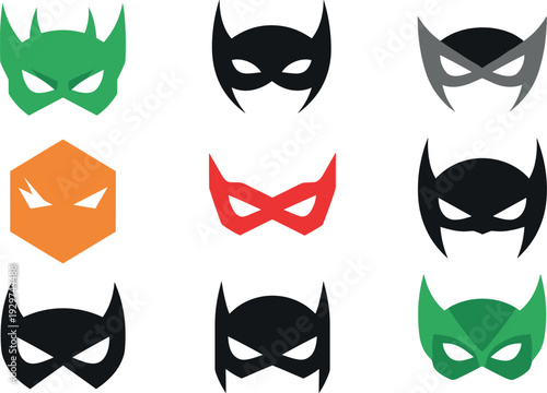 Superhero Mask Icon Set with Colorful Comic Style Hero Face Symbols for Gaming Apps Branding Stickers and Creative Vector Design