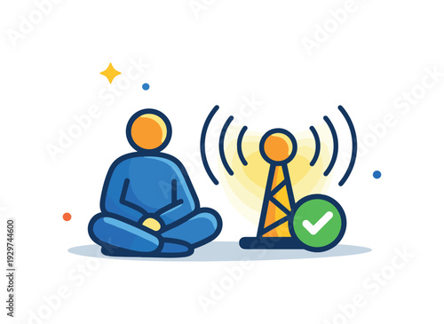 Strategic patience and waiting for asymmetric opportunities instead of constant action, a calm seated figure beside a highlighted signal icon representing