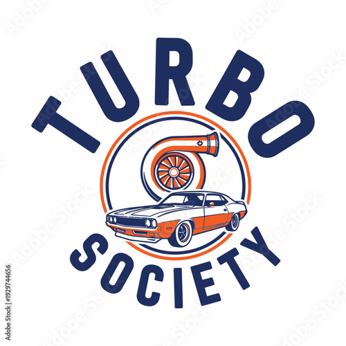 Turbocharged car logo with orange and blue design elements for racing enthusiasts tshirt design