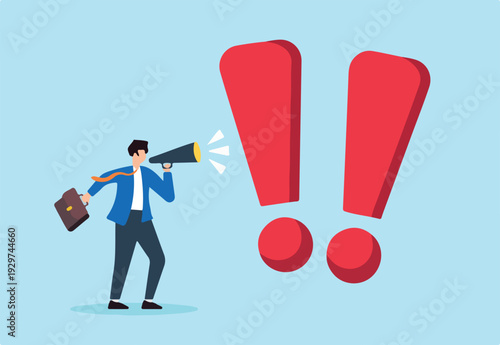 Flat illustration of businessman shout on megaphone with big exclamation mark warning of danger important message emergency loudspeaker attention safety urgency scream