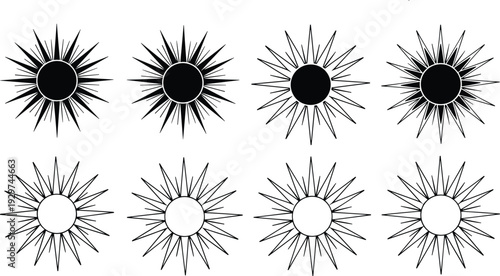 Sun and star burst silhouettes set with various ray patterns, black and white vector icons for weather forecast summer heat energy and celestial design