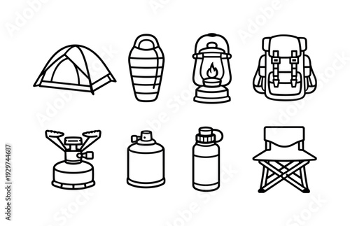 Outdoor camping essentials set: linear style dome tent, sleeping bag, camping lantern, backpack, camp stove, fuel canister, water bottle, folding chair