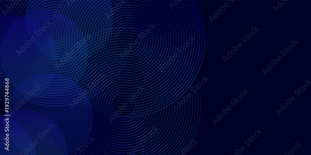 Obraz premium Abstract geometric digital art with a deep navy blue background, layered translucent circular shapes in indigo and blue tones, line patterns, smooth gradients